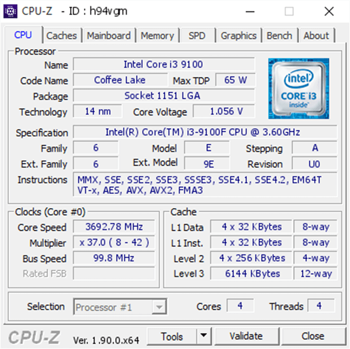 CPU Intel Core i3-9100 (3.6GHz/ 4C4T/ 6MB/ Coffee Lake-R)